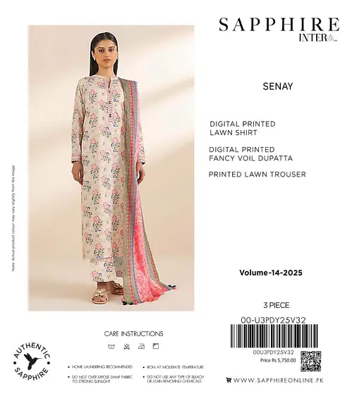 Sapphire Volume 14 β 3PC Digital Printed Lawn Suit β Summer 2025 Sapphire Volume 14 3PC lawn suit with digital printed shirt, trouser, and fancy voil dupatta