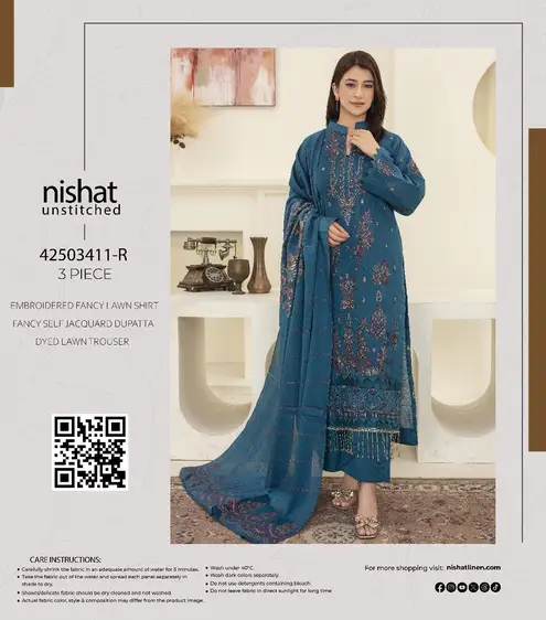 Nishat Embroidered 3PC Lawn Suit with Self Jacquard Dupatta – 2025 : Nishat embroidered lawn 3PC suit with jacquard dupatta – 6 color options for Summer 2025