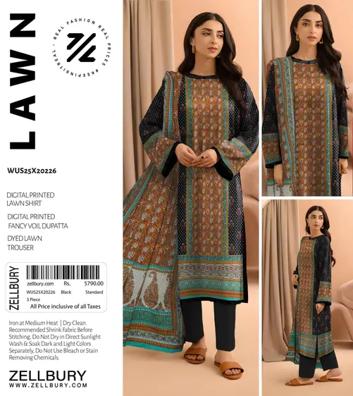 Zellbury Digital Printed Lawn Suit with Voil Dupatta – Summer 2025 Zellbury 3PC digital printed lawn suit with fancy voil dupatta – Summer 2025 collection
