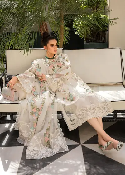 Crimson Embroidered Lawn 3PC Suit – Code D01 | Summer 2025 Crimson embroidered lawn suit with cutwork organza dupatta and chikankari front – Summer 2025