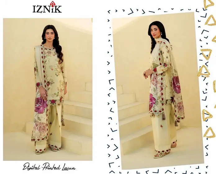 IZNIK 3PC Embroidered Lawn Suit with Chiffon Dupatta β 2025 IZNIK embroidered lawn suit with digital chiffon dupatta and printed trouser.