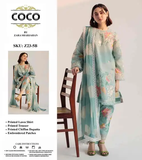 COCO By Zara Shah Jahan – D05B Premium Lawn & Chiffon COCO By Zara Shah Jahan D05B premium lawn suit with chiffon dupatta and embroidered patches