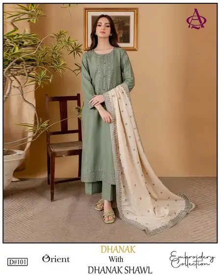 Orient Embroidered Winter Collection Dhanak 3PC Suit with Embroidered Shawl Orient Dhanak embroidered 3PC winter suit with Tesho gala patch, embroidered daman, and matching embroidered shawl
