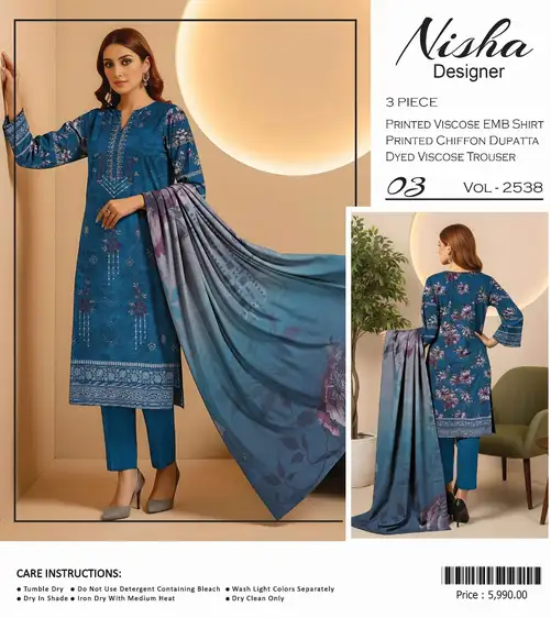 Nisha Designer Printed Viscos Winter Collection 2025 – Embroidered 3 Piece Suit Nisha Designer Winter Collection 2025 – Printed viscos embroidered shirt, chiffon dupatta, dyed trouser – 10 designs – Pakistani unstitched winter dresses for women