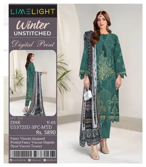 Limelight Linen Winter Unstitched Collection 2025 – Fancy Viscose Jacquard 3 Piece Limelight Linen Winter Unstitched Suit 2025 – Fancy viscose jacquard shirt, printed dupatta, dyed trouser – Pakistani winter dresses for women