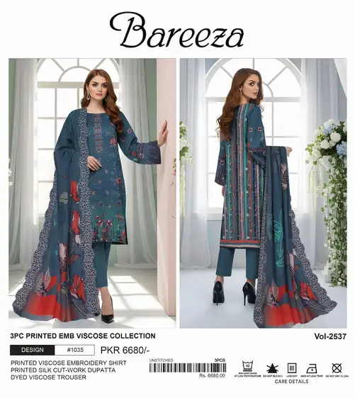 Bareeza 3Pc Printed Embroidered Viscose Winter Collection 2025 – Unstitched Suit Set Bareeza Winter Collection 2025 – Printed viscose embroidered shirt, silk cut-work dupatta, dyed trouser – 10 designs – Pakistani branded unstitched suits for women