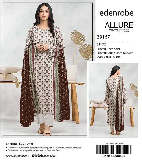 Edenrobe 3Pc Digital Printed Linen Winter Collection 2025 – Shirt, Sleeves, Trouser & Dobby Linen Dupatta Edenrobe Winter Collection 2025 – digital printed linen shirt, sleeves, dobby linen dupatta, and dyed trouser – 11 designs – Pakistani unstitched winter suits for women