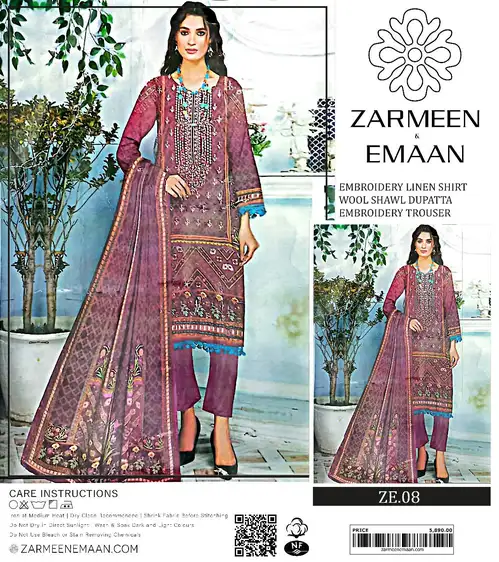 Zarmeen & Emaan 3Pc Winter Collection 2025 – Embroidered Linen Shirt, Wool Shawl Dupatta & Embroidered Trouser Zarmeen & Emaan Winter Collection 2025 – embroidered linen shirt, wool shawl dupatta, embroidered trouser – 12 designs per set – Pakistani unstitched suits for women