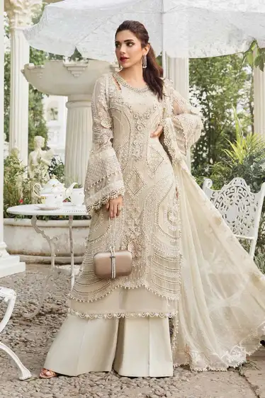 Maria B Luxurious Chiffon Suit – Premium Embroidered 3Pc Unstitched Maria B chiffon suit with heavy embroidered front, adda neck, embroidered sleeves, 4-side embroidered chiffon dupatta, and malai trouser – Pakistani luxury wear 2025