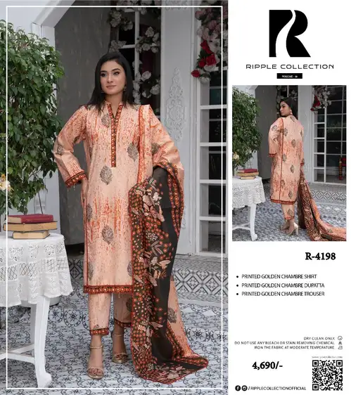 Ripple Collection 3Pc Golden Chambre Winter 2025 – Shirt, Dupatta & Trouser Ripple Collection Winter 2025 – printed golden chambre shirt, dupatta, and trouser – 11 designs – Pakistani unstitched winter suits for women