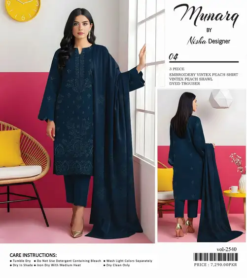 MUNARQ by Nisha Designer 3Pc Khaddar Winter Collection 2025 – Embroidered Shirt, Shawl & Trouser MUNARQ Khaddar Collection 2025 – embroidered Vintex peach shirt, shawl, and trouser – 8 designs – Pakistani unstitched winter suits for women