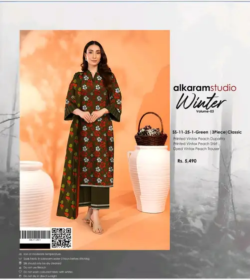 Alkaram Studio 3Pc Vintex Peach Winter Collection 2025 – Shirt, Dupatta & Trouser Alkaram Studio Winter Collection 2025 – printed Vintex Peach shirt, dupatta, and trouser – 10 designs – Pakistani unstitched winter suits for women
