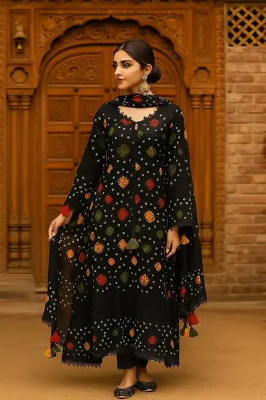 Rajasthani Handmade Linen Chunnri 4Pc Dress – Shirt, Sleeves, Trouser & Dupatta Rajasthani Handmade Chunnri Linen Dress – 4Pc set with shirt, sleeves, trouser & dupatta – Traditional Pakistani women’s wear 2025