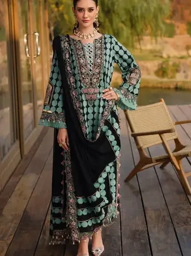 Charizma 3Pc unstitched premium linen suit with embroidered patches and digital printed dupatta – Pakistani designer wear 2025