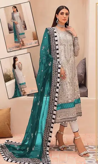 Gulaal Iconic Wedding Collection Premium Organza Embroidered Suit Gulaal Iconic Wedding Collection organza embroidered 3-piece unstitched suit with handwork front, embroidered daman patches, embellished sleeves, lace dupatta, and malai trouser β Pakistani luxury fashion 2025