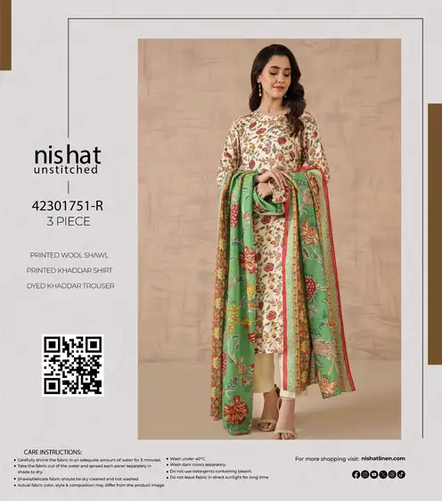 NISHAT Khaddar – 3Pc Winter Collection 2025 NISHAT Khaddar 3Pc Unstitched Suit featuring printed shirt, wool shawl, and dyed trouser – Winter Collection 2025.