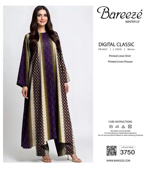 Bareeze Winter Collection Linen 3Pc Unstitched Suit – Printed Shirt & Trouser Bareeze Winter Collection Linen 3Pc unstitched suit with printed shirt and trouser – 09 designs, Pakistani women’s winter wear 2025.