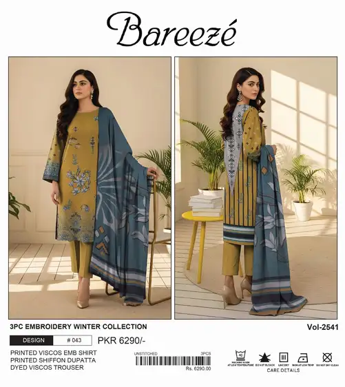 Bareeze Winter Collection Viscose 3Pc Unstitched Suit – Embroidered Shirt, Chiffon Dupatta & Trouser Bareeze Winter Collection 3Pc Viscose unstitched suit with embroidered shirt, chiffon dupatta, and trouser – Pakistani designer wear 2025.