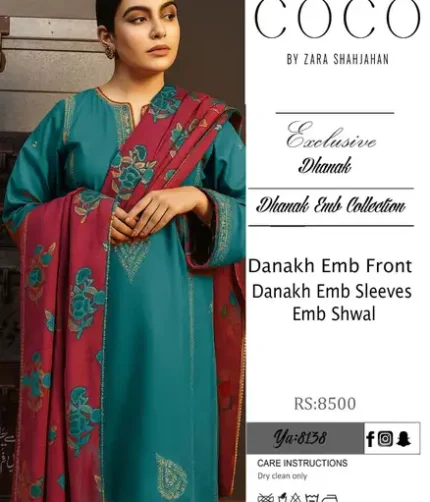 Zara Shahjahan COCO Dhank 3-piece embroidered suit with digital printed shawl.