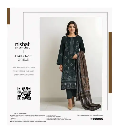 Nishat Fancy Viscose Embroidered Winter Collection 3Pc Suit Nishat 3Pc Fancy Viscose Suit with embroidered shirt, chiffon dupatta, and viscose trouser – Pakistani winter wear 2025