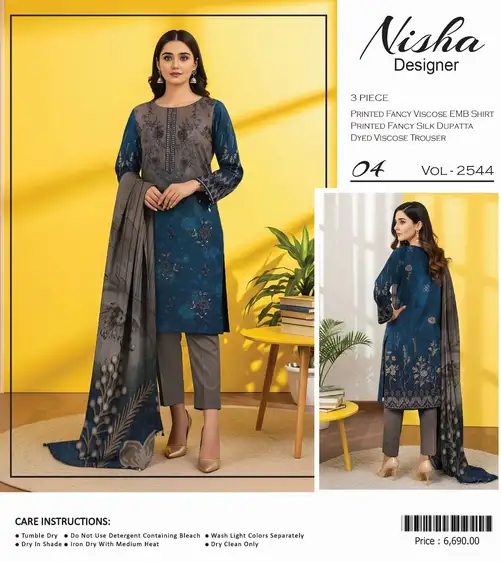 Nisha Designer Fancy Viscose 3-Piece Unstitched Suit Nisha Designer embroidered viscose shirt with silk dupatta and viscose trouser, available in 10 elegant designs.