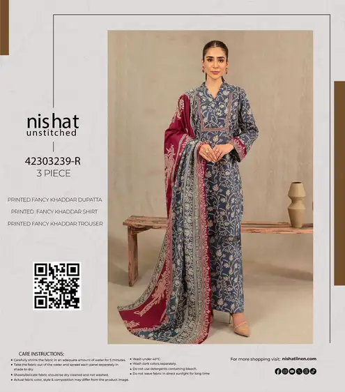 Nishat Printed Karandi 3-Piece Winter Collection Nishat karandi 3-piece unstitched suit with printed shirt, trouser, and dupatta in multiple winter designs.