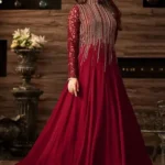 Indian Chiffon Maxi with sequence embroidery, zari work, pearl handwork, chiffon dupatta, and plain trouser – premium designer outfit 2025.