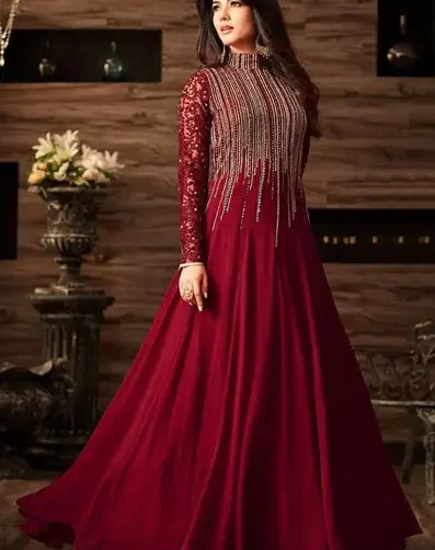 Indian Chiffon Maxi with sequence embroidery, zari work, pearl handwork, chiffon dupatta, and plain trouser – premium designer outfit 2025.