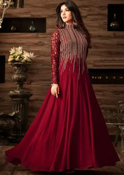 Dashing Indian Chiffon Maxi with Heavy Embroidery and Dupatta Indian Chiffon Maxi with sequence embroidery, zari work, pearl handwork, chiffon dupatta, and plain trouser – premium designer outfit 2025.