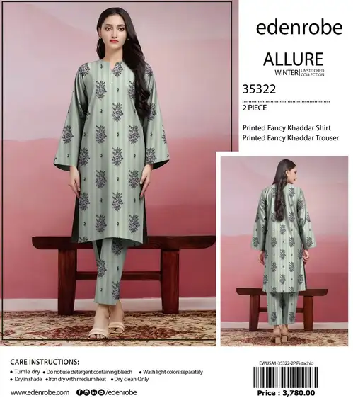 Edenrobe Allure Khaddar 2PC Unstitched Fancy Winter Suit Edenrobe Allure Khaddar 2-piece unstitched shirt and trouser in printed fancy fabric – winter wear 2025.