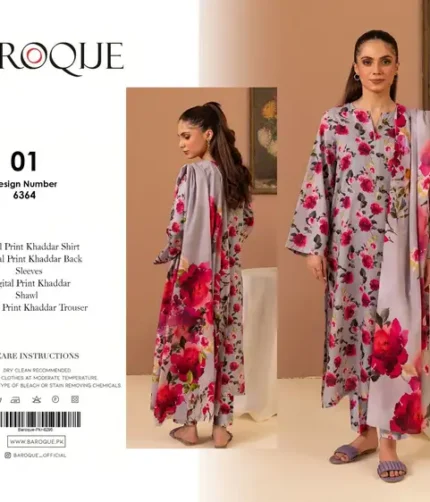 Baroque Khaddar 3Pc suit – unstitched winter collection with khaddar trouser and premium fabric.