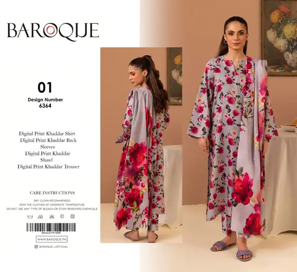 Baroque Khaddar 3Pc Unstitched Winter Suit Baroque Khaddar 3Pc suit – unstitched winter collection with khaddar trouser and premium fabric.