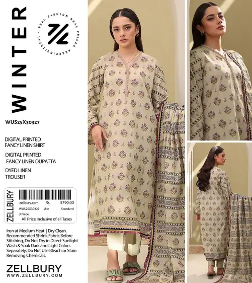 ZELLBURY Winter Linen 3PC Unstitched Collection 2025 ZELLBURY 3-piece unstitched fancy linen suit with printed shirt, printed dupatta, and dyed trouser, premium winter collection 2025.