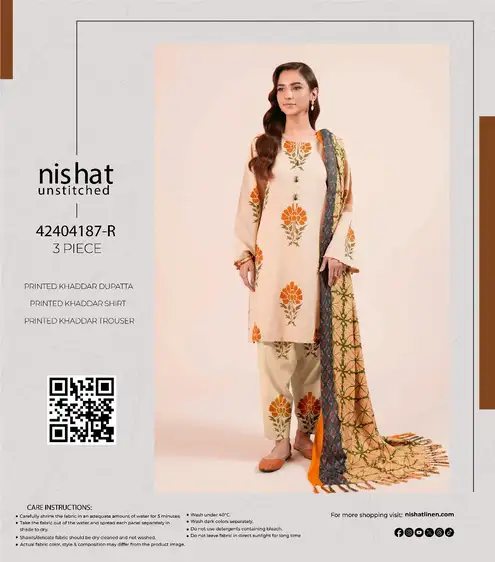 Nishat Fancy Khaddar 3PC Unstitched Winter Collection 2025 Nishat 3-piece unstitched fancy khaddar suit with printed shirt, dupatta, and trouser, premium winter collection 2025.
