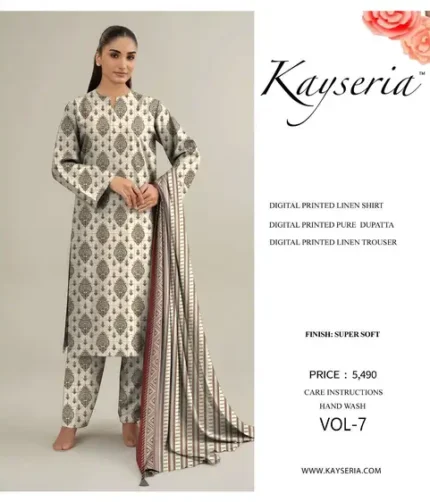 Kayseria digital printed linen unstitched 3-piece suit with pure dupatta – Winter Collection 2025.
