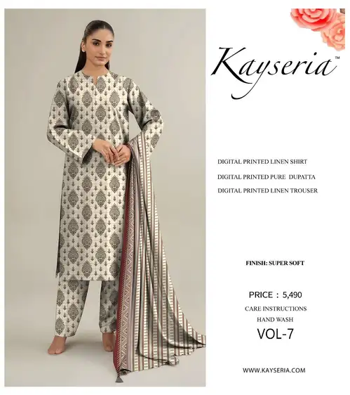 Kayseria Winter Linen Unstitched Collection 2025 Kayseria digital printed linen unstitched 3-piece suit with pure dupatta – Winter Collection 2025.