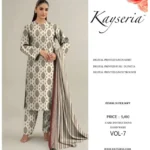 Kesriya 3-piece unstitched digital printed linen suit with shirt, pure dupatta, and trouser, premium winter collection 2025.