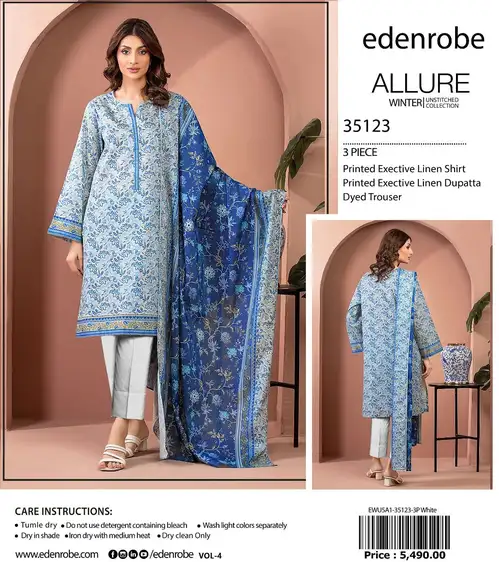 Edenrobe Digital Printed Linen 3PC Unstitched Winter Collection 2025 Edenrobe 3-piece unstitched digital printed linen suit with shirt, dupatta, and dyed trouser, premium winter collection 2025.