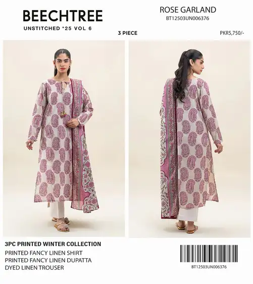 Beechtree Printed Linen 3-Piece Unstitched Winter Collection 2025 Beechtree 3-piece unstitched printed linen suit with dyed trouser and fancy linen dupatta from winter collection 2025.