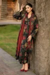Baroque unstitched 3-piece dhank suit with embroidered neck and sleeves, digital printed dupatta, luxury winter collection 2025.