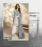Alkaram Studio 3-piece unstitched printed fancy linen suit with dyed trouser and printed dupatta from the 2025 winter collection.