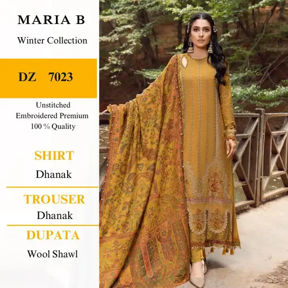 Maria B Dhanak Hit Codes Winter Collection 2025 Maria B unstitched dhanak 3-piece suit with heavy embroidery, zari pashmina wool shawl, and plain trouser – Winter Collection 2025.