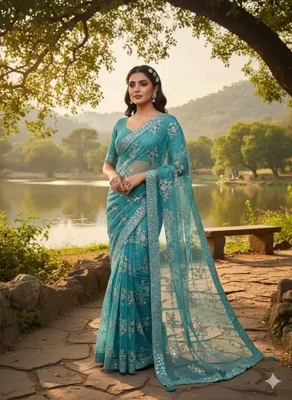 : SSC Saree Collection 2025 – Soft Net Embroidered Saree SSC soft net fully heavy embroidered saree with sequence work, 7.5-meter fabric – Saree Collection 2025.